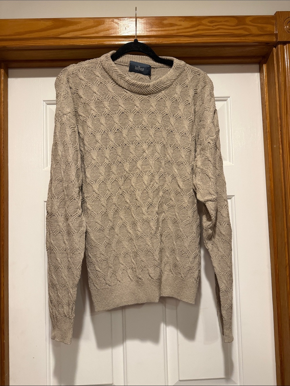 Raw Silk Cable Knit Sweater in Beige by Belford Mens Large